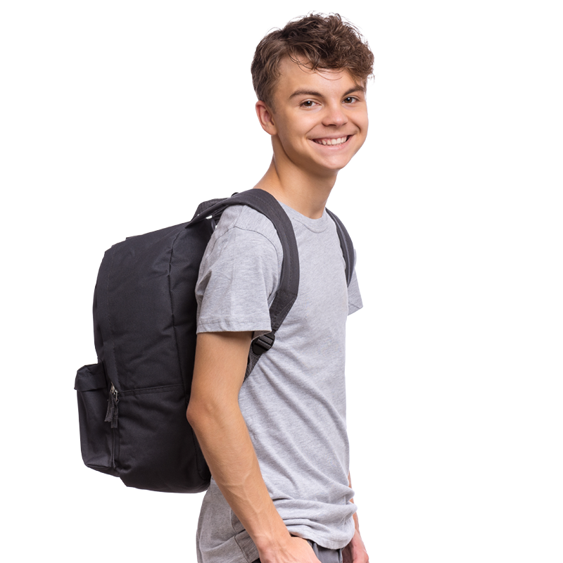 A smiling teenager wearing a backpack