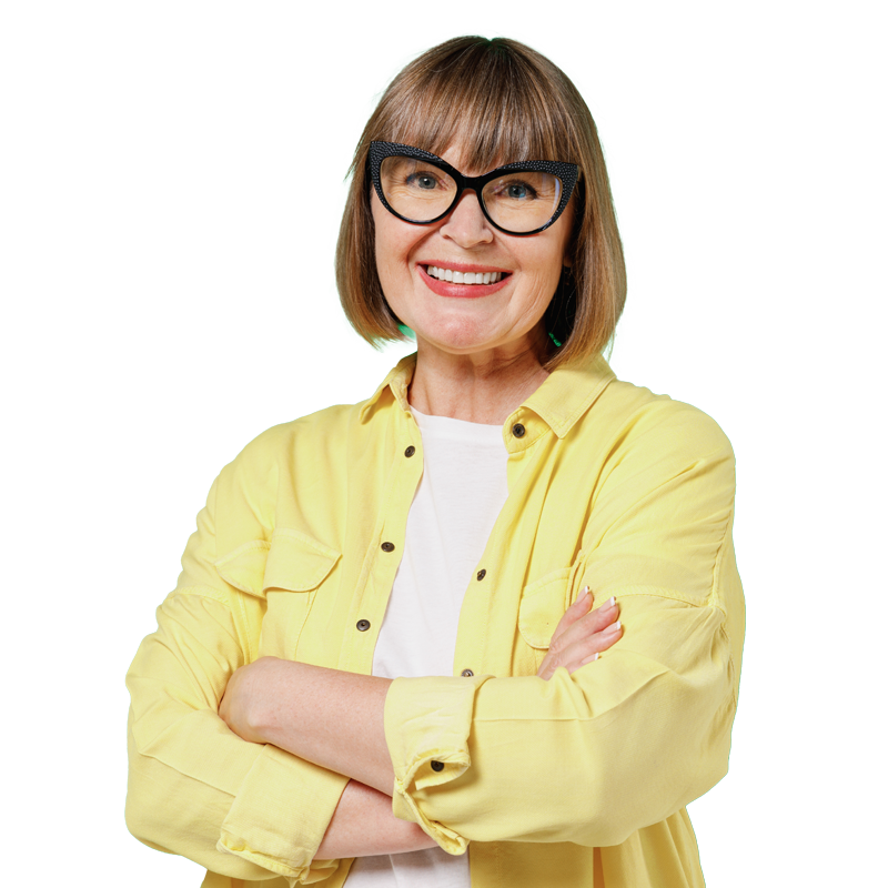 A woman wearing glasses and crossing her arms