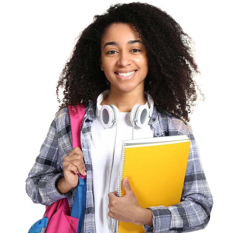 A teenager with headphones, books, and a backpack
