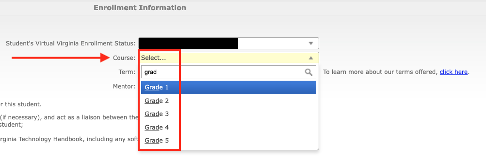 Click on the course dropdown menu and type "Grade"