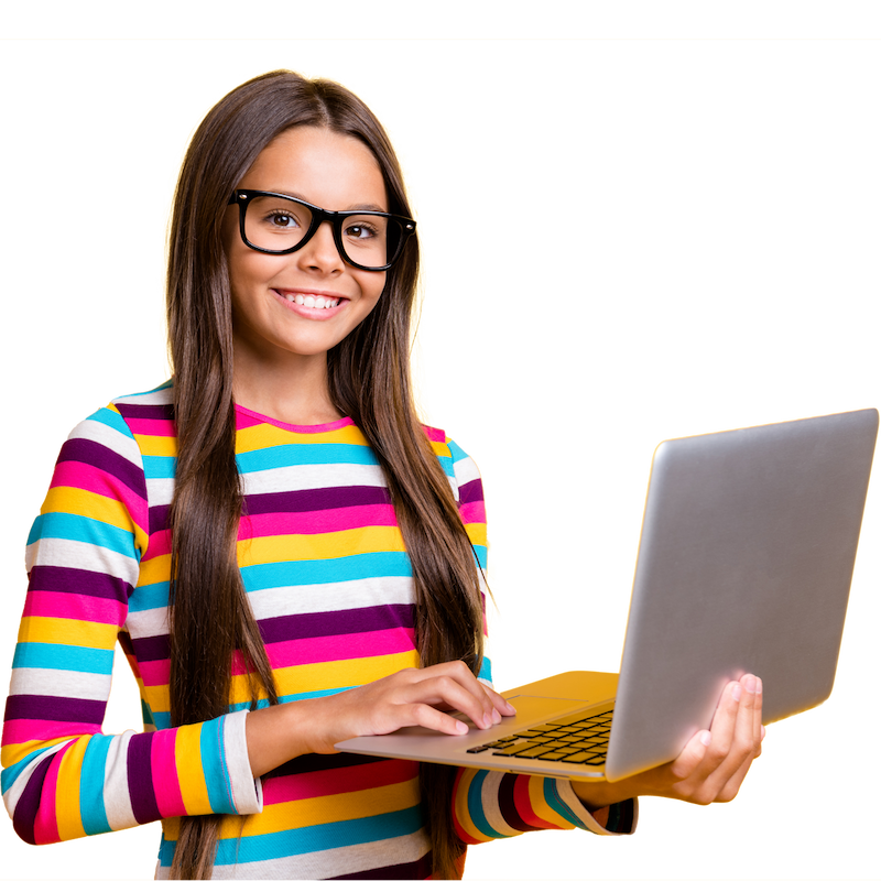 student wearing glasses holding a laptop