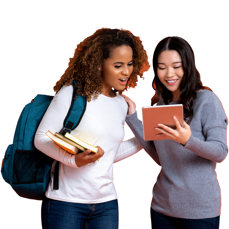 two students look at a tablet device